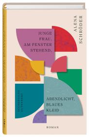 das Cover von Junge Frau, am Fenster stehend, Abendlicht, blaues Kleid